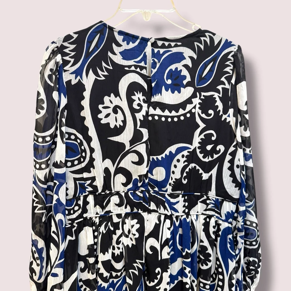 Loft Paisley Shirred Flounce Long Sleeve Midi Dress Tiered Blue White Size 8